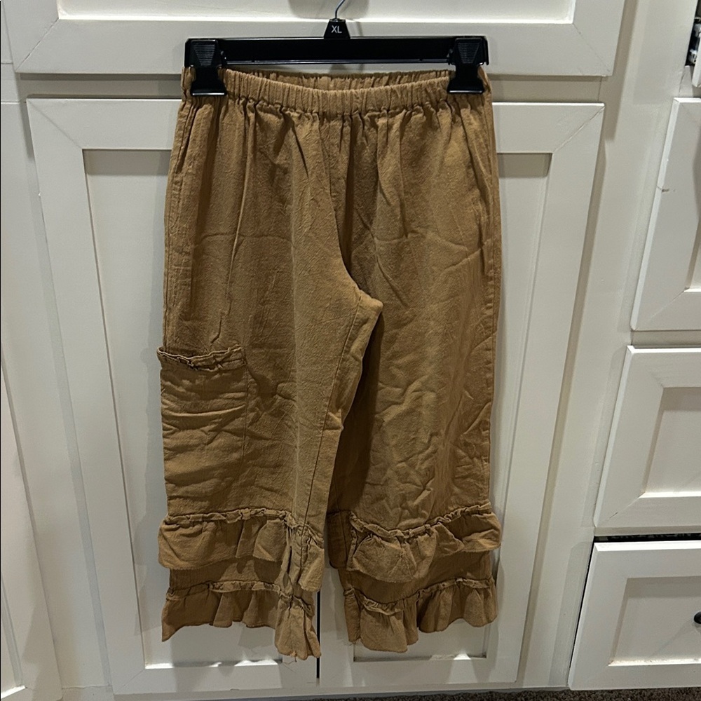 Women's Tan Ruffle Hem Straight Leg Pants